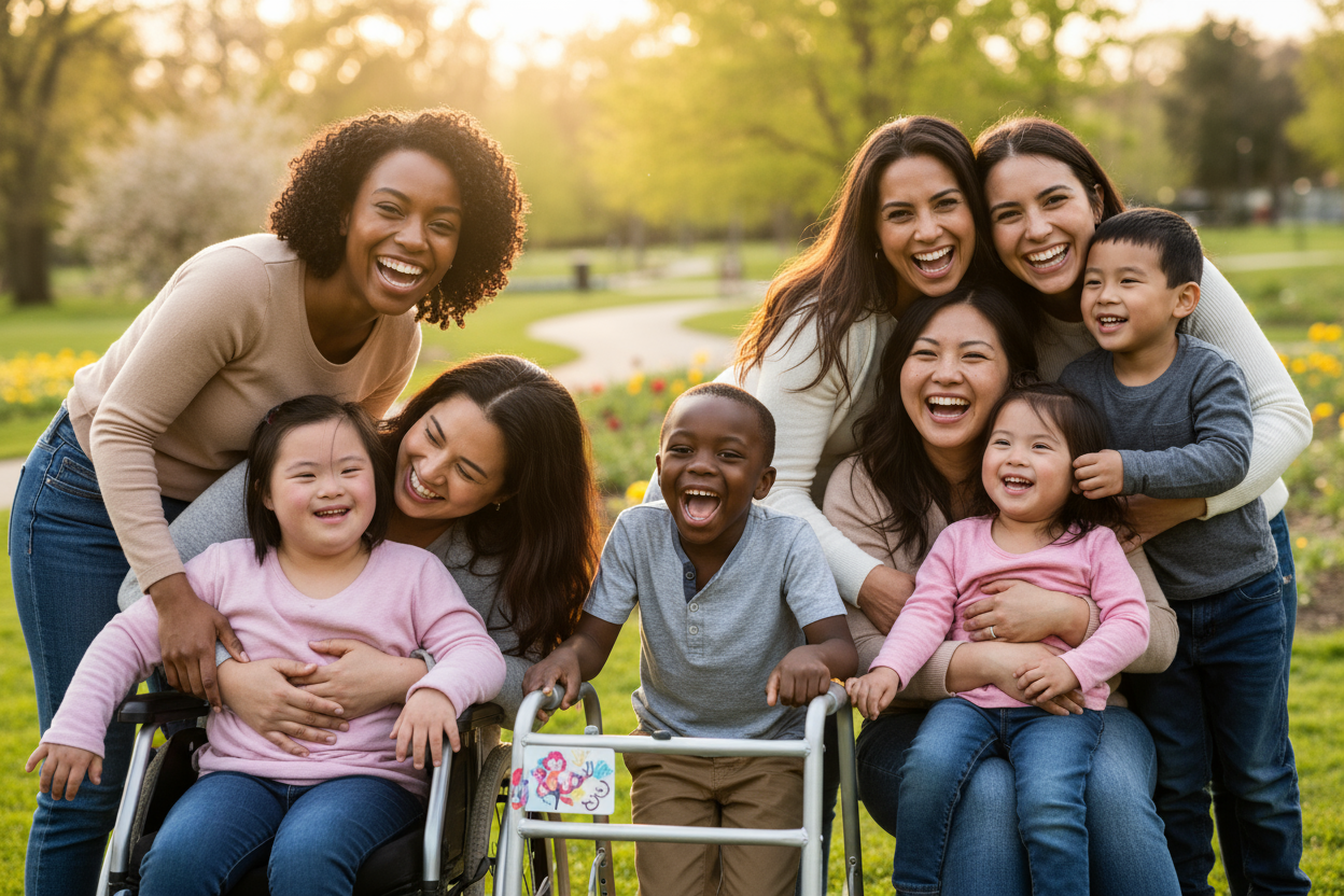 moms of different races with their disabled kids in a park close up happy